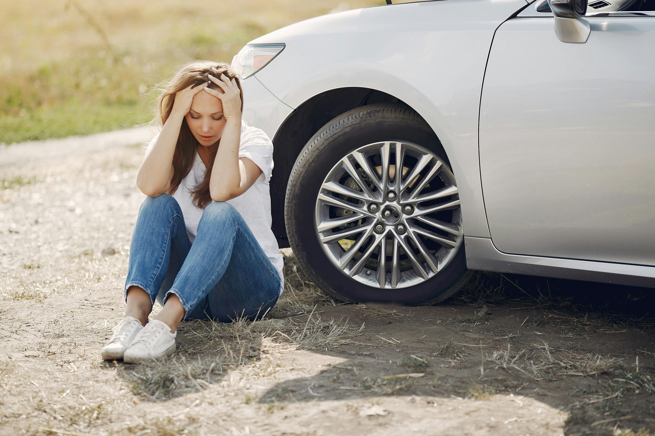 Frustrated woman sitting beside silver car on roadside