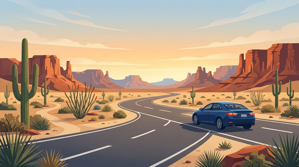 Arizona desert highway at golden hour illustrating car insurance coverage